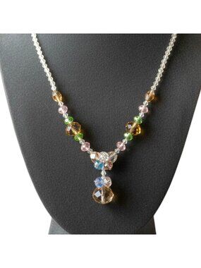 Vintage Colorful Czech Crystal Beaded Necklace With Drop Pendant w/ Magnet Clasp
